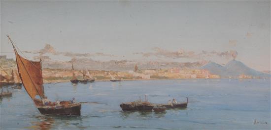 Vincenzo Loria (1849-1939) Fishing boats in the bay of Naples 9.5 x 19.5in.